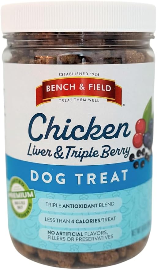 Bench & Field Holistic Natural Chicken Liver & Triple Berry Dog Treats | Crunchy Bone-Shaped Bites | Antioxidant Blend, 10-Ounce Bottle