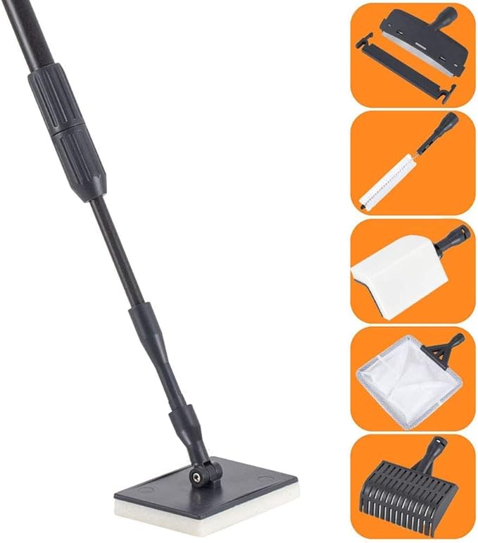 hygger Carbon Fiber 6 in 1 Aquarium Cleaning Tool Kit Al-gae Scraper Scrubber Pad Sponge Telescopic Handle Fish Tank Brush Cleaner Set for Saltwater Freshwater