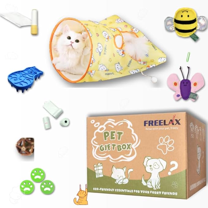 Eco-Friendly Cat Gift Box – 7-Piece Set with Organic Catnip Toys, Feather Wand, Blanket & Pop-Up Cat Cave for Indoor Cats and Kittens