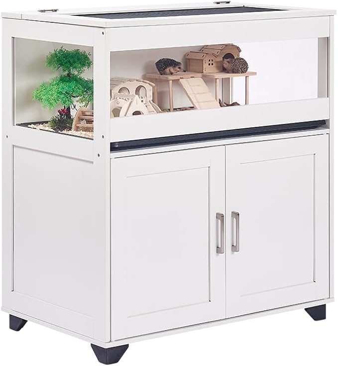 unipaws Hedgehog Cage with Storage Cabinet, Hamster Cage for Rat and Guinea Pigs, Clear Transparent PVC Visual Small Animal Cage with Tray, Hamster Enclosure, White