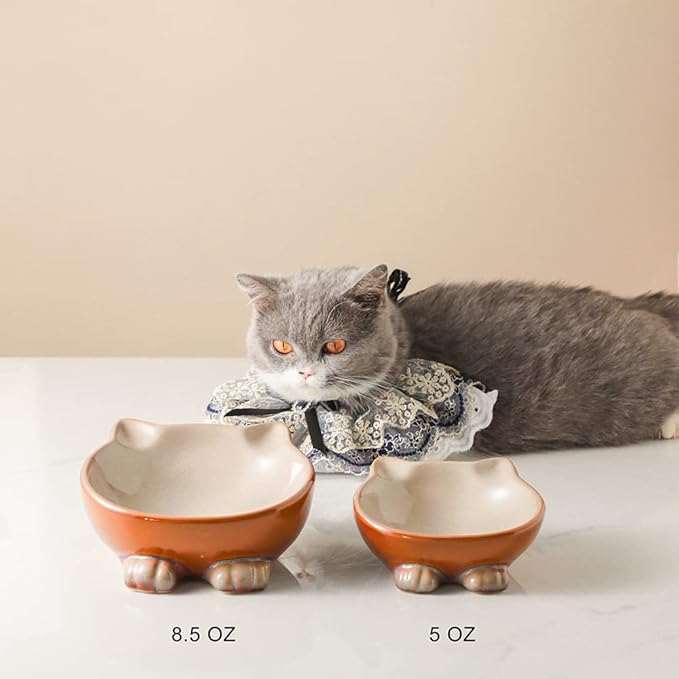 Nihow Ceramic Basic Cat Bowls: 5 Inch Cat Bowl for Food & Water - Food Grade Cat Dish for Small-Sized Cat - Microwave & Dishwasher Safe -Elegant Brown (4.25 OZ /1 PC)