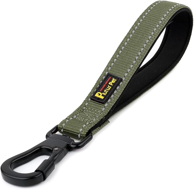 PLUTUS PET Short Dog Leash, Reflective Nylon Padded Handle, Strong Traffic Leash with Carabiner Clip, Perfect for Large or Medium Dogs (10”，Ranger Green)