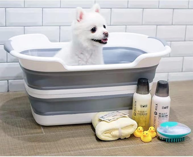 Collapsible Pet Bathtub, 7.1 Gal (27L) - Foldable Bathing Tub with Drain Plug for Dogs & Cats Under 30 lbs - Multi-Use as Laundry Basket, Storage Organizer, Camping Sink (Grey)