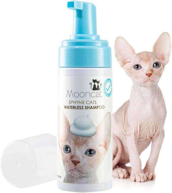 Mooncat Sphynx Cat Waterless Shampoo, Vet Approved No-Rinse Foam for Oily, Sensitive Skin & Wrinkles - Gentle, Hypoallergenic Formula for Hairless Cats, Deep Cleans & Moisturizes