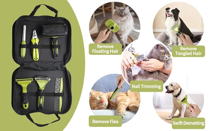 6 PCS Dog and Cat Grooming Kit, Versatile Tools Including Shedding Brush, Nail Clipper with Nail File, Slicker Brush, Dematting Comb