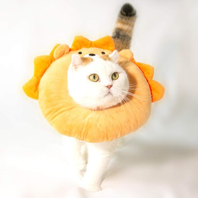 Adjustable Cat Recovery Collar Soft,Cute Pet E-Collar Neck Cone After Surgery Wound Healing Protective Cone Fit for Kitties, Small Dogs(ELC05-lion-s)