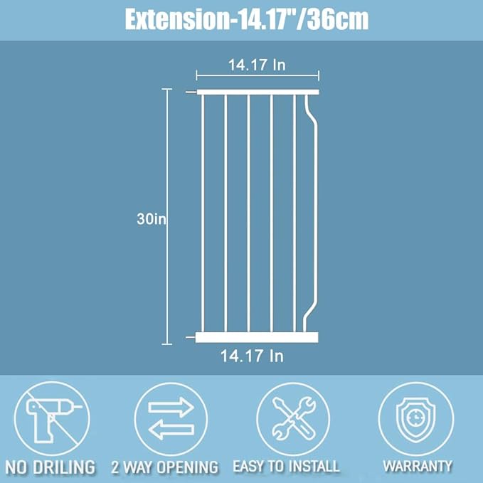 Extra Wide Baby Gate 14.17in Wide Extensions Walk Through Baby Gate Pressure Mount Auto Close Child Safety Gates (White, Extension-14.17"/36cm)