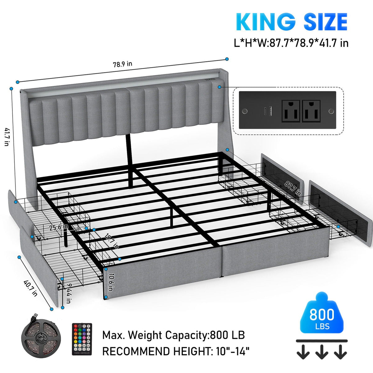 King Upholstered Bed Frame With 4 Storage Drawers, RGB LED Lights & USB / Type-C Charging Station