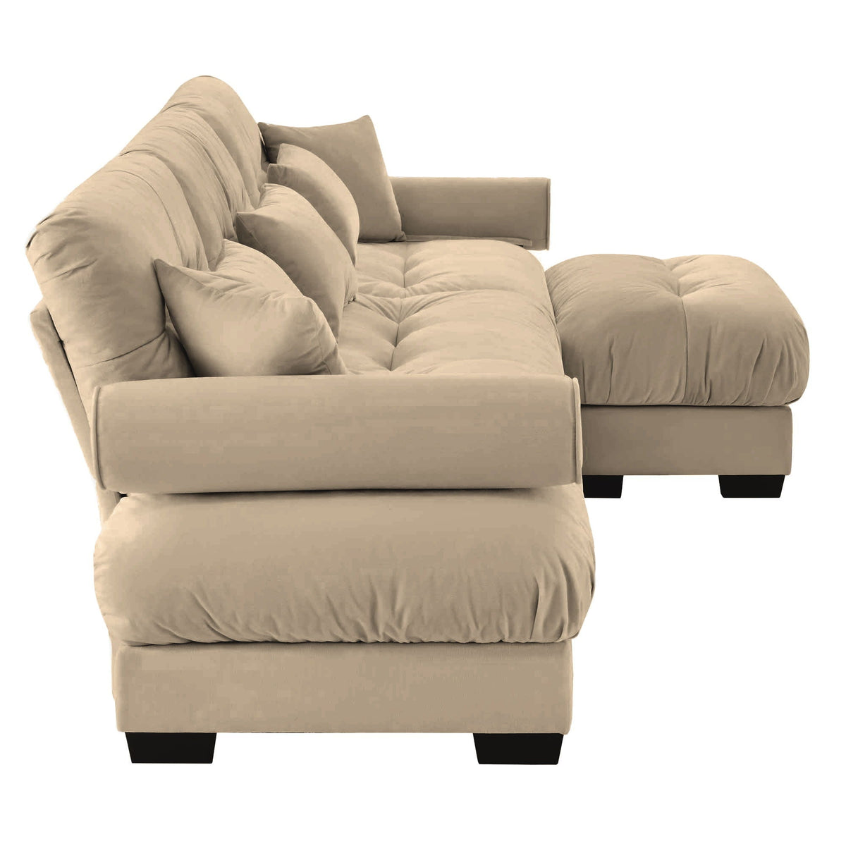 Modern Sectional Sofa With Ottoman, Round Bolster Armrests, Waist And Throw Pillows