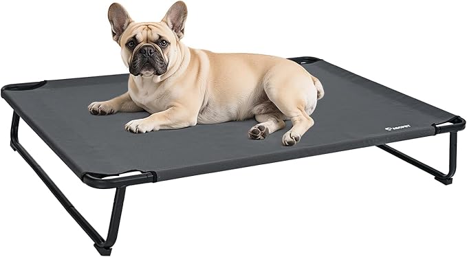 Cooling Elevated Dog Bed, Raised Outdoor Dog Bed Waterproof Pet Beds Cots Stable and Easy Assembly, Teslin Fabric with 1.2mm Thick Iron Frame, Breathable, Ultra-Sturdy，Grey,32 * 25.2 * 7.1
