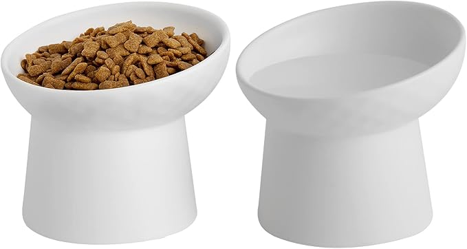 Small Ceramic Raised Cat Bowls, Tilted Elevated Food or Water Bowls, Stress Free, Backflow Prevention, Dishwasher and Microwave Safe, Lead & Cadmium Free(White)