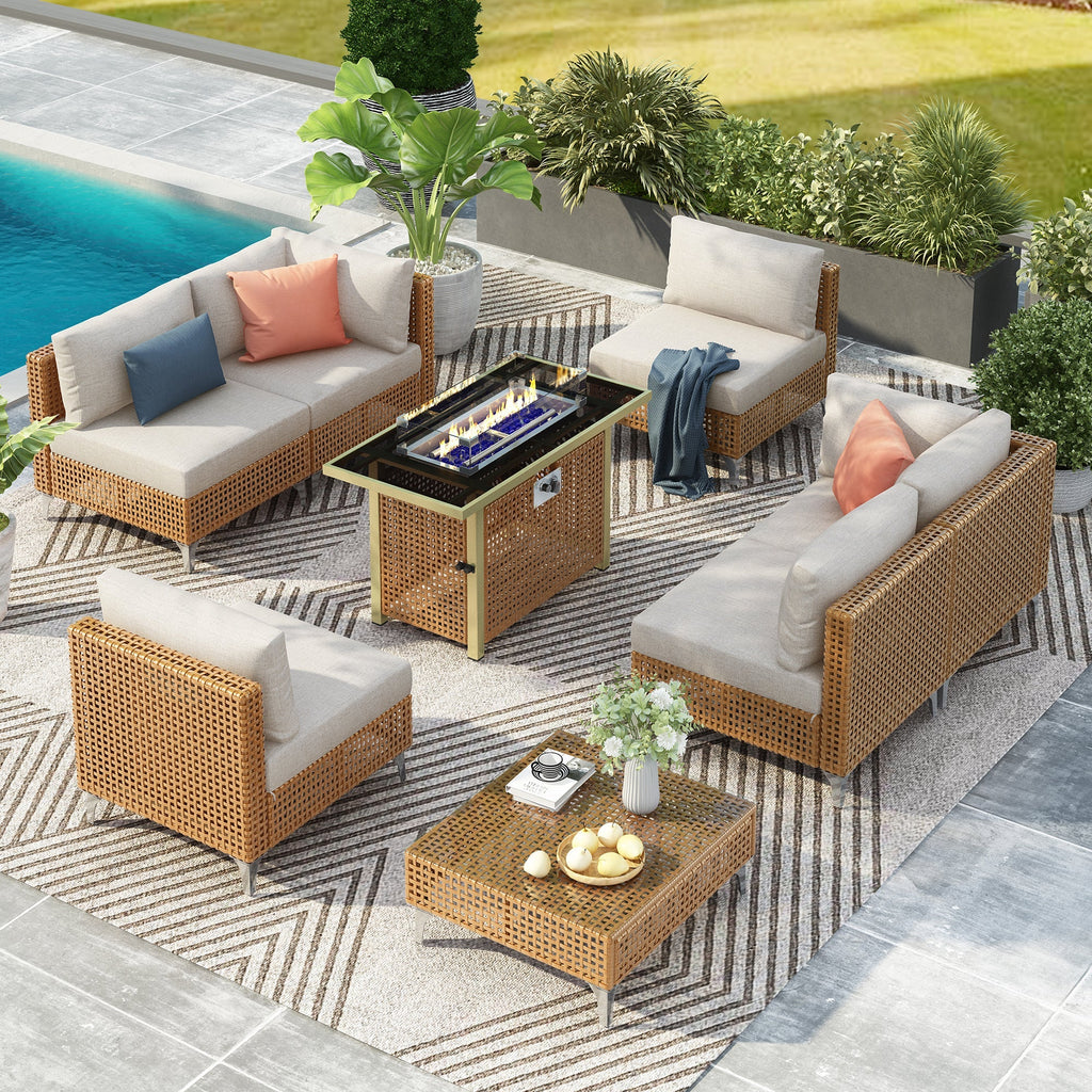 K&K 8-Piece Patio Furniture Set with Fire Pit Table