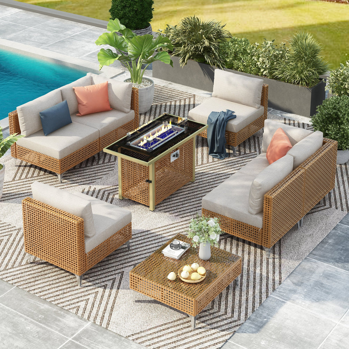 K&K 8-Piece Patio Furniture Set with Fire Pit Table