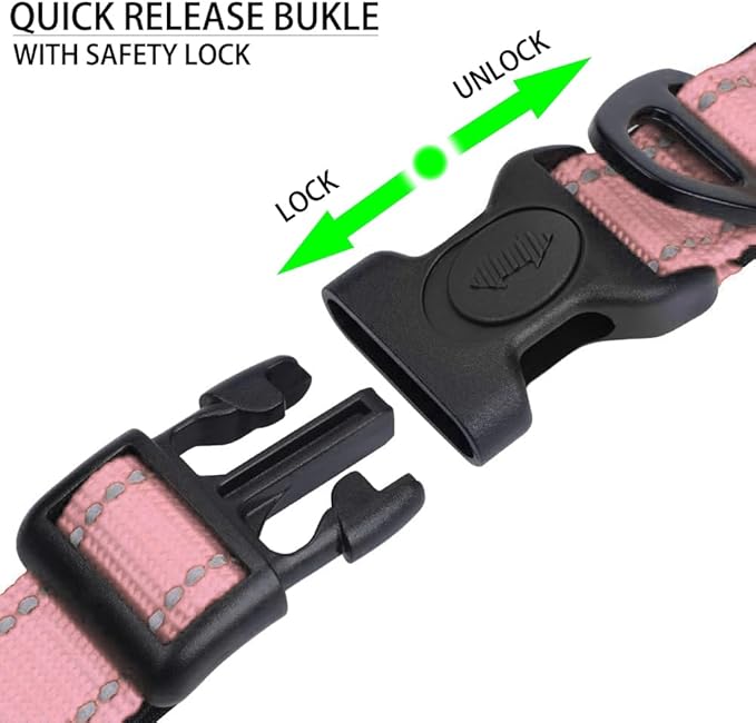 JSXD AirTag Dog Collar, Night Reflective Nylon Dog Collar for Small Medium Large Dogs,Lockable Quick Release Buckle,Padded Breathable Pet Collar with AirTag Holder (Pink, Medium)