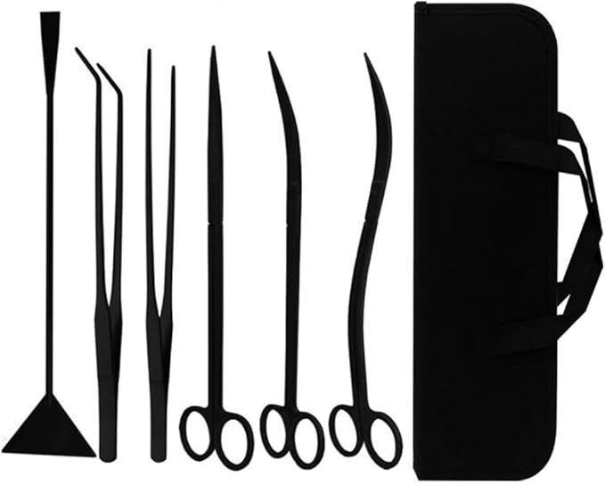 7-in-1 Aquascaping Tools Kit for Aquarium & Terrarium - Stainless Steel Long Tweezers, Curved Scissors, Algae Scraper, Feeding Tongs - Live Plant Trimming & Tank Cleaning Accessories