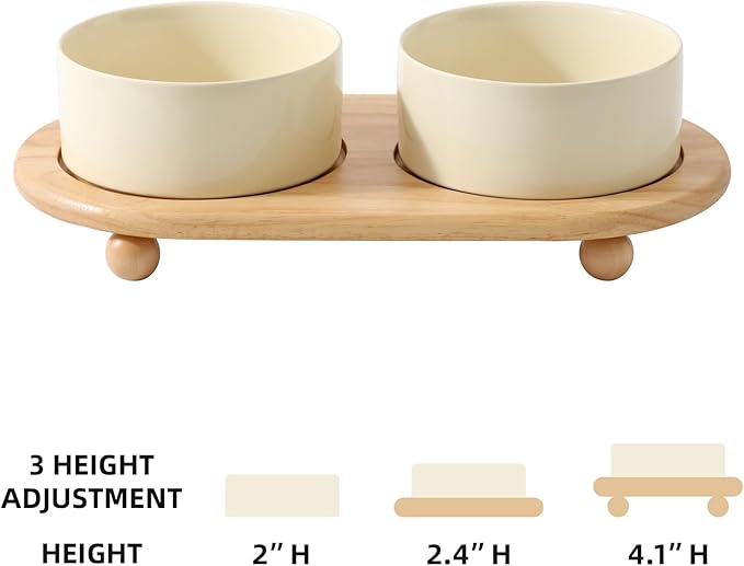 Ceramic Elevated Dog Bowls, Food and Water Bowls for Dogs, Puppy, Raised Dog Dish, Pet Feeder(6inch, 2 x Beige + Stand)