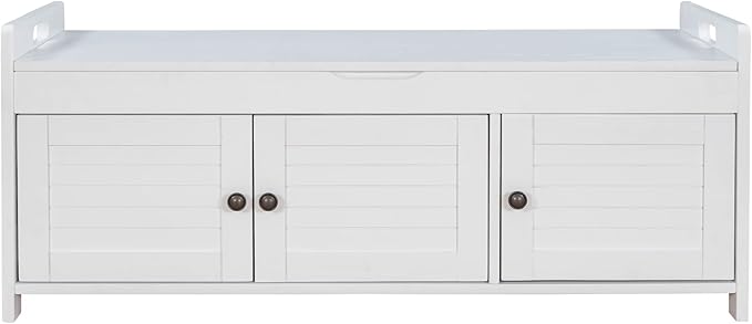 Storage Bench with 3 Shutter-Shaped Doors, Pine Wood Shoe Bench with Removable Cushion and Hidden Storage Space for Living Room, Entryway 43.5" L x 16" W x 18" H (White)