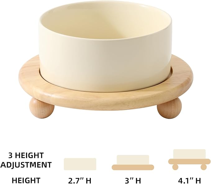 Ceramic Elevated Dog Food and Water Bowl, Kitty Bowl, Raised Dog Dish, Pet Feeder (6inch, 1 x Beige + Stand)