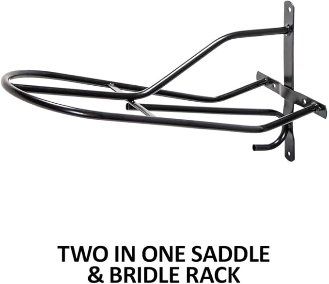 Black English & Western Saddle Rack | Organize Tack Room | Sleek and Durable | PVC Coated Steel | Mounts Easily | Includes Hook to Hold a Bridle, Helmet or Other Items