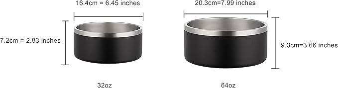 Black Dog Bowl, Double Wall Stainless Steel Pet Bowl, Vacuum Insulated Pet Feeder, Non-Skid Pet Bowl, 32 oz