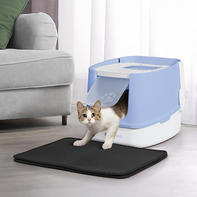 Fully Enclosed Cat Litter Box w/Lid, Scoop, Cat Mat & Odor Fitter, Large Plastic Cat Toilet with Double Door, Anti-Splashing Cat Litter Box with Lockable Front Door, Blue