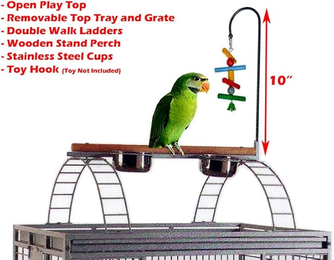 Extra Large Castle PlayTop Parrot Rolling Cage for Large Macaws Cockatoos African Grey Amazon (32" L x 23" W x 66" H WhiteVein)