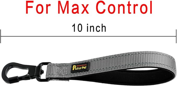 PLUTUS PET Short Dog Leash, Reflective Nylon Padded Handle, Strong Traffic Leash with Carabiner Clip, Perfect for Large or Medium Dogs (10”，Gray)