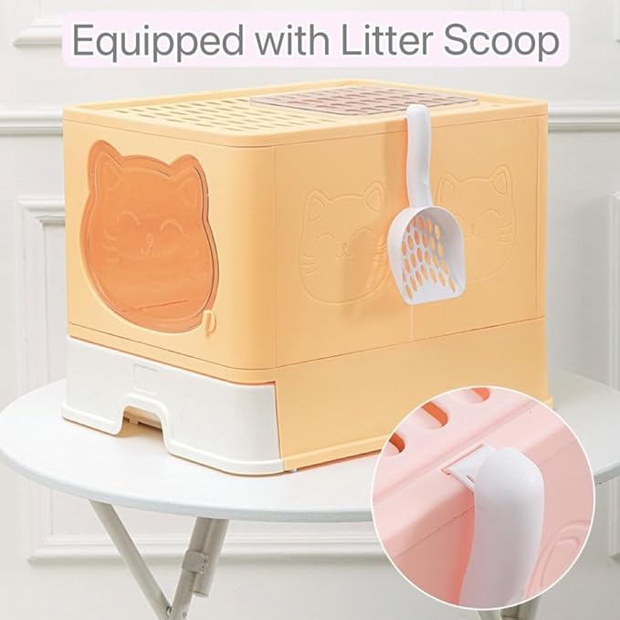 Top Entry Cat Litter Box with Lid, Anti-Splash Foldable Cat Litter Box with Activated Carbon Keeping Air Fresh, Drawer Type Easy to Clean, Large (Grey)