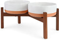 SPUNKYJUNKY Ceramic Elevated Dog Bowl Set with Acacia Wood Stand for Food and Water for Medium Dog (42.27 OZ, White and Reddish Brown)