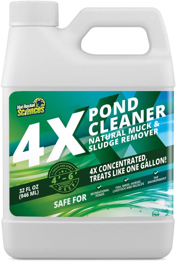 4X Pond Cleaner - Reduces Muck & Sludge for a Clean, Natural Look - Super Concentrated Lake and Water Feature Enzymes Treats Up to 1 Acre, Pair with Dye - Safe for Fish and Wildlife (32 oz)