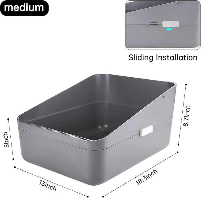 Sfozstra Open Top Litter Box: Grey Medium Removable Liner - Secure and Odor Control - Durable High Side Sifting Litter Box for Small Cats
