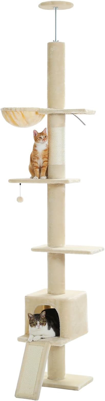 PEQULTI Floor to Ceiling Cat Tree, Tall Cat Tower, Adjustable Height (83''-108'') 5 Levels Climbing Tree for Indoor Cats with Cat Condo, Cozy Hammock and Scratching Post, Beige