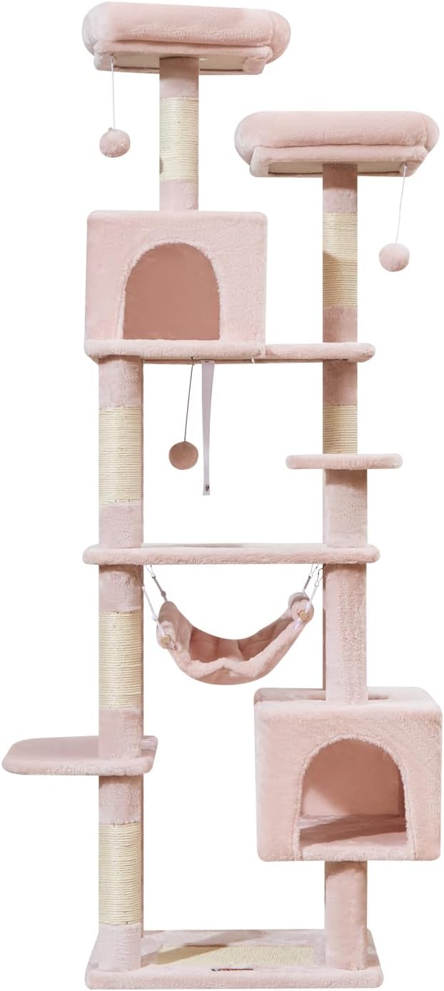 Taoqimiao Cat Tree, 68-Inch Cat Tree Cat Tower for Indoor Cats, Plush Multi-Level Cat Condo with 6 Scratching Posts, 2 Perches, 2 Caves,Hammock, 3 Pompoms,MS020SP Jelly Pink