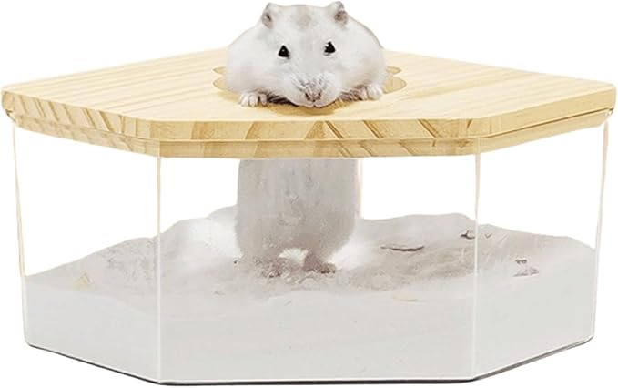 Hamster Sand Bath Box Container, Small Pet Sandbox Lid Design Wooden Sandbox Dust Bath, Transparent Bathroom & Digging Box Acrylic Syrian Hamster Litter Box Animal Accessories (D Small)