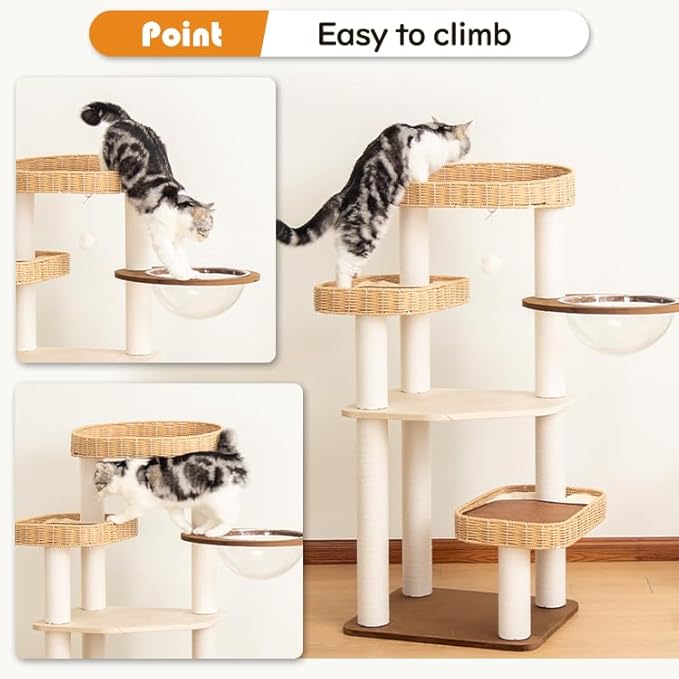 48'' Cat Tree for Large Cats, Modern Cat Tree Multi-Level Condo with Natural Wood, Cat Activity Centre for Medium and Big Pets