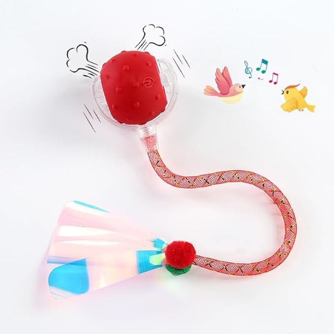 Interactive Cat Toys Ball for Indoor Cats, Automatic Agile Rolling Cat Ball with Elastic Mesh Tail, Bird Chirping & Motion Activated, 2 Tail Accessories, Kitten Toy for Bored (Red)