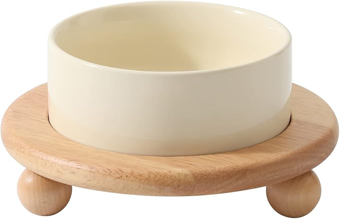 Ceramic Elevated Cat Food and Water Bowl, Kitty Bowl, Raised Cat Dish, Pet Feeder (5.1 in,1 x Beige + Stand)