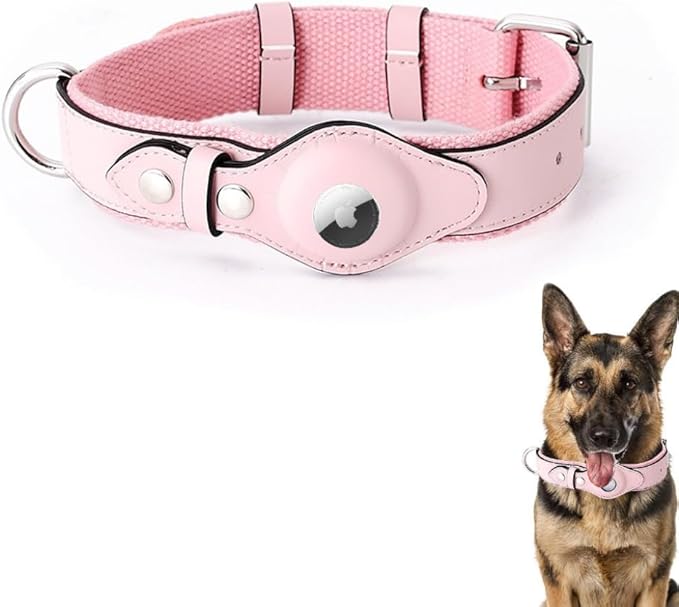 AirTag Dog Collar Soft Leather Webbing Dog Collar for AirTag Provides Double Protection for Small Medium and Large Dogs(Pink,L)