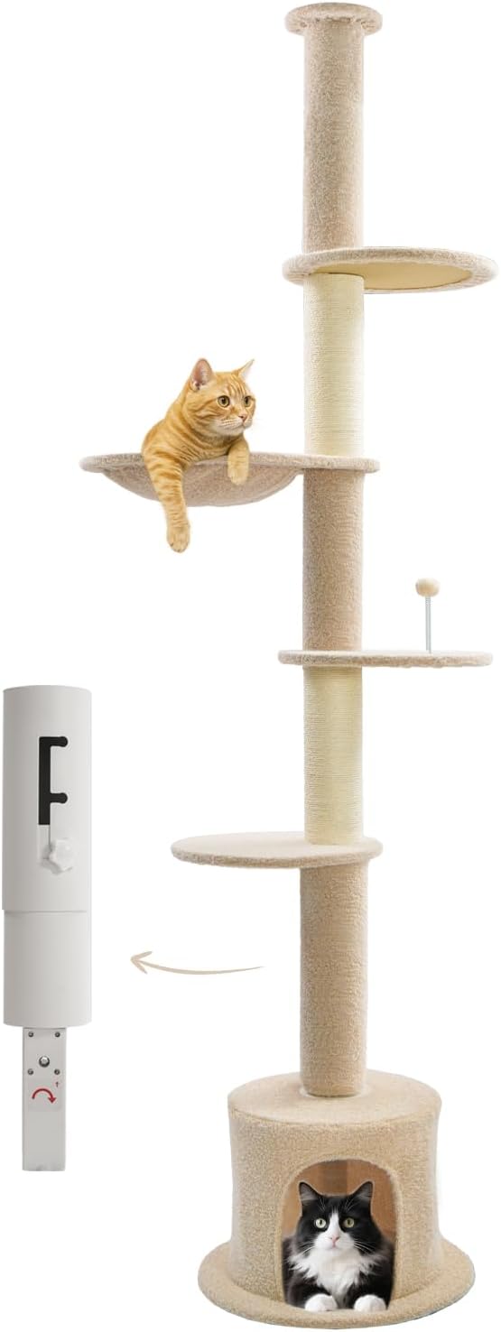 Made4Pets Floor to Ceiling Cat Tree 93-106'',Tall Cat Tower 5 Tiers, Adjustable Height, Stable Cat Tree Tower with Scratching Posts, Fluffy Condo, Hammock and Ball Toy for Indoor Cats/Kitten, Beige