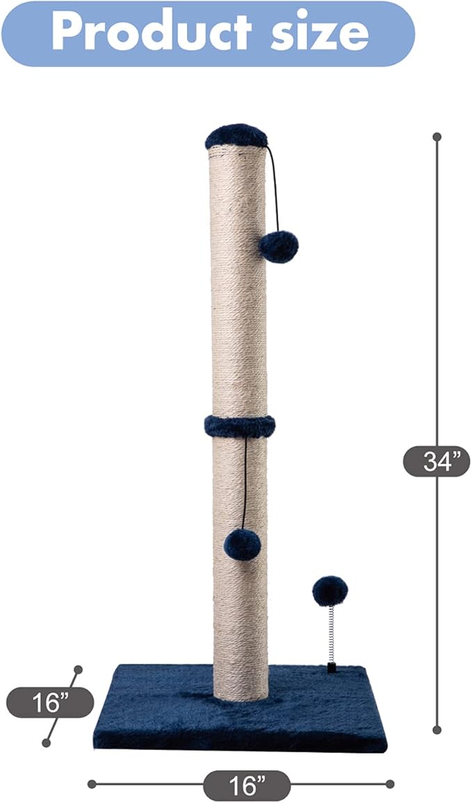 MECOOL 34“ Tall Cat Scratching Post Premium Basics Kitten Scratcher Sisal Scratch Posts Trees with Hanging Ball for Indoor Cats, Navy