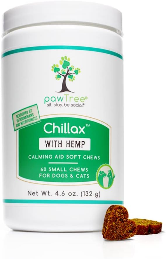 pawTree Chillax - Natural Calming Hemp Chews for Dogs and Cats - Formula to Relieve Stress and Tension; Ease Travel, Separation Anxiety and Soothe Fear - Small Soft Chews (60 Count)