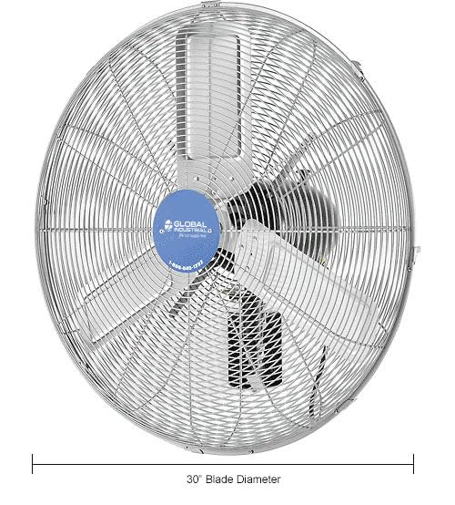Global Industrial Deluxe Wall Mount Fan, 30" Diameter, Fixed and Oscillating Head, 3 Speed, 10,000 CFM at 1100 RPM, 1/2 HP, Tilting Head, For Indoor Use Only