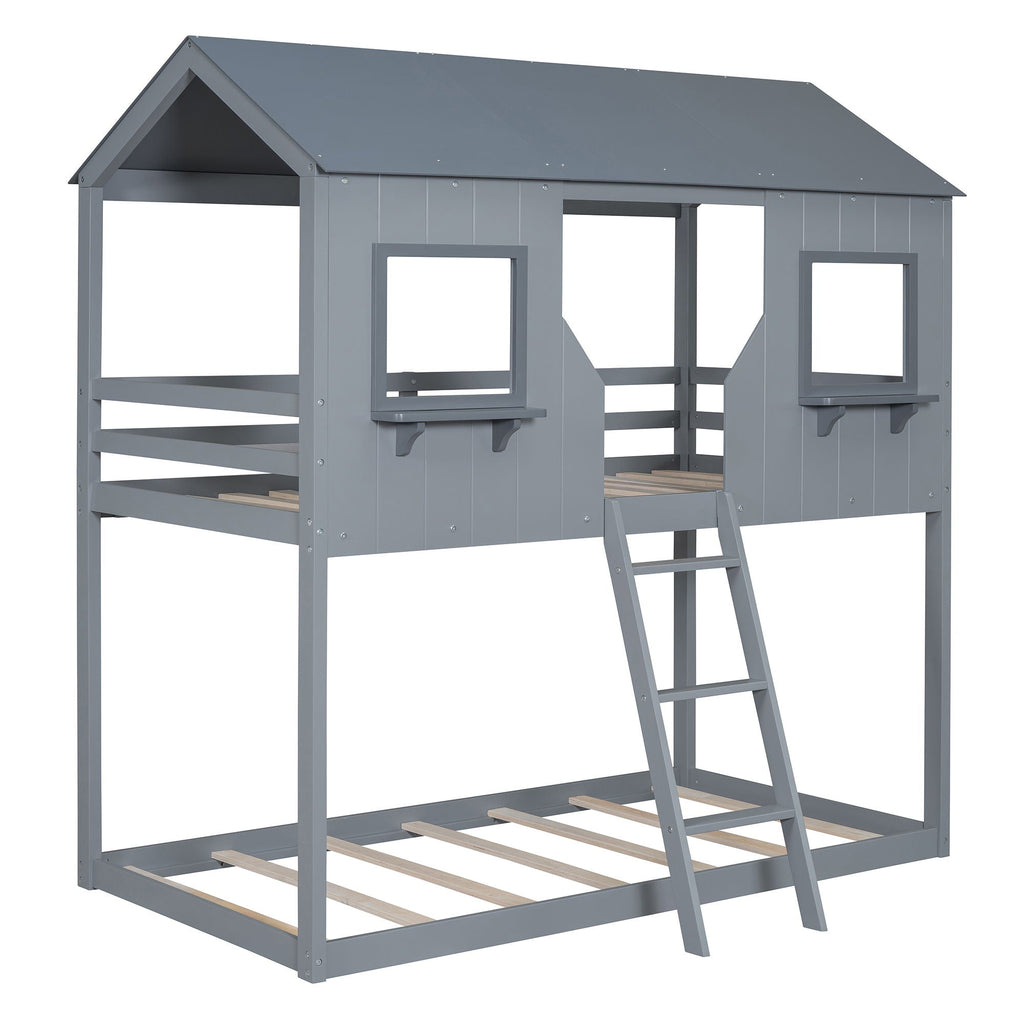 Twin Over Twin Bunk Bed With Roof, Window, Guardrail, Ladder