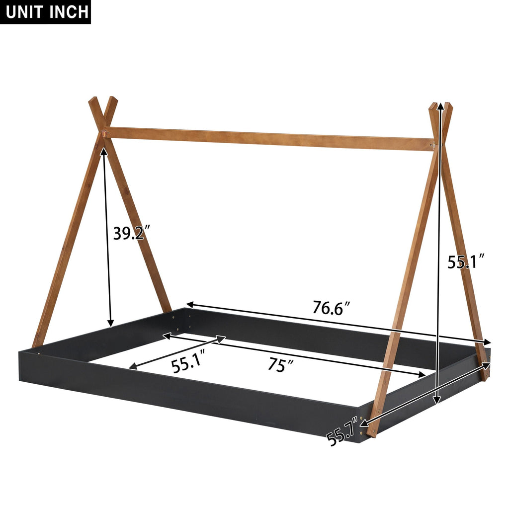 Full Size Tent Floor Bed With Triangle Structure, Low Profile Design - Black / Brown