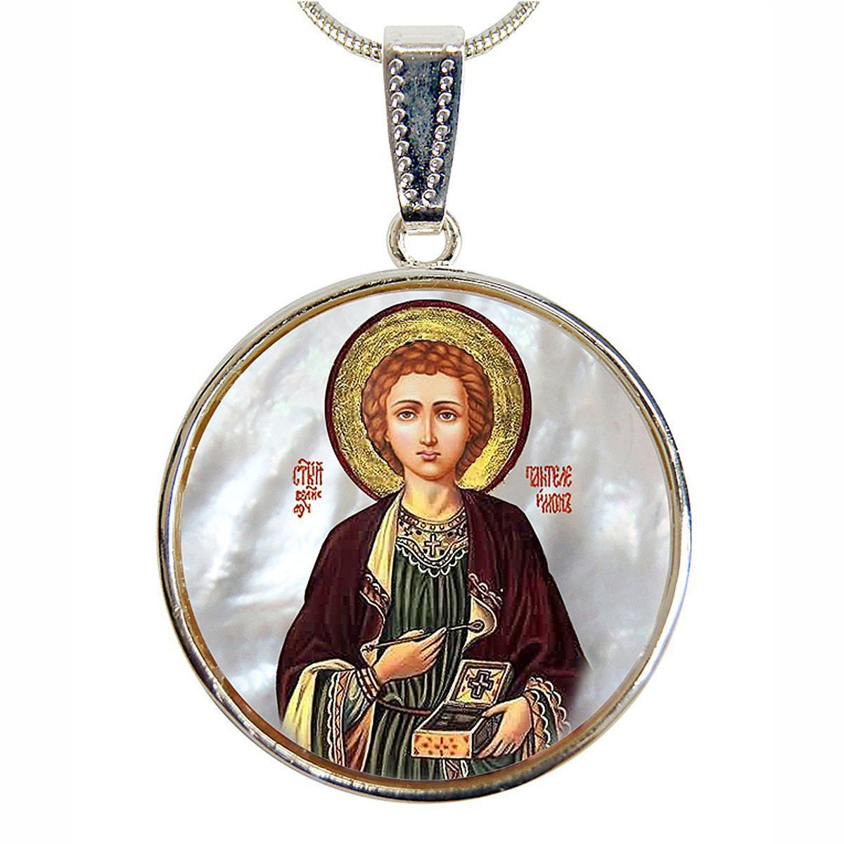 Saint Panteleimon Silver Plated Mother of Pearl Necklace - 43023