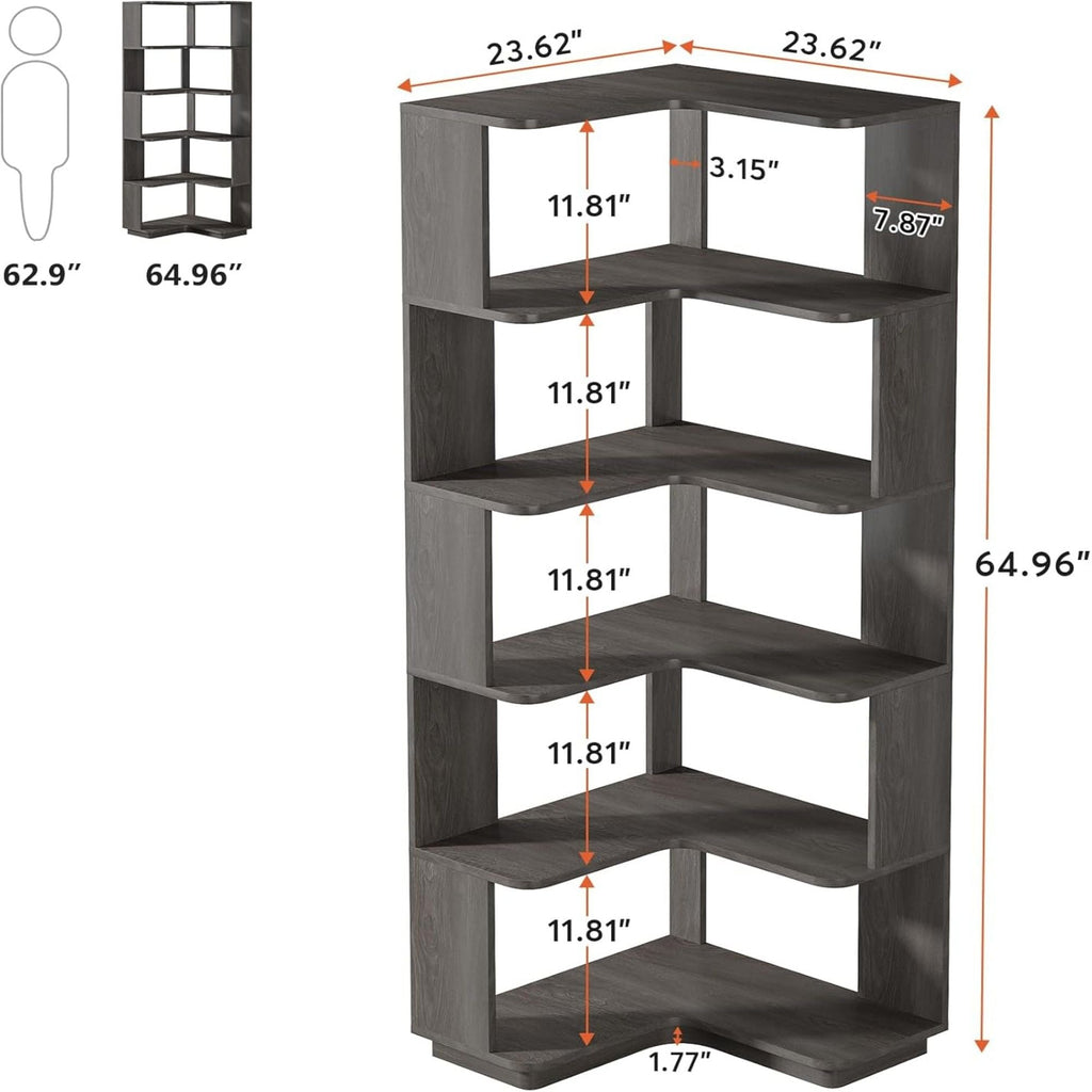 6 Tier Corner Bookshelf, L-Shaped Freestanding Shelf With Anti Drop Panels