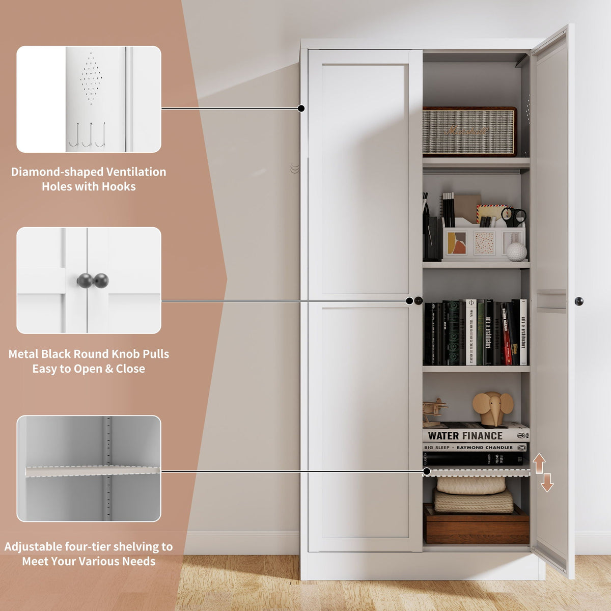 Kitchen Pantry Cabinet Adjustable Storage With 4 Shelves, Heavy Duty Freestanding Pantry Organizer - White