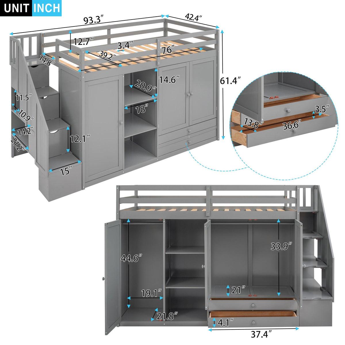 Loft Bed With 3 Shelves, 2 Wardrobes, 2 Drawers, Ladder Storage