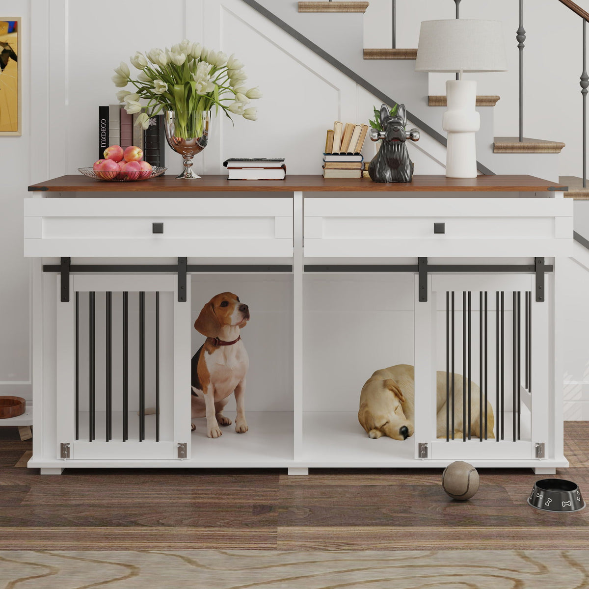 Large Dog Crate, Water Resistant Indoor Pets Furniture Double Dog Crates - Brown White