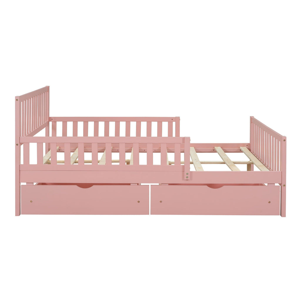 Platform Bed With Guardrails On Both Sides And 2 Storage Drawers